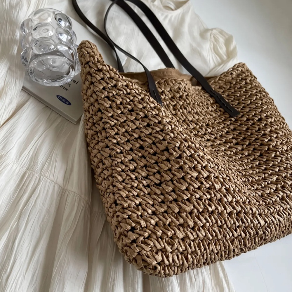Woven Straw Tote Bag Large Shoulder Beach Purse Tan Brown Zipper Closure - Picture 5 of 6